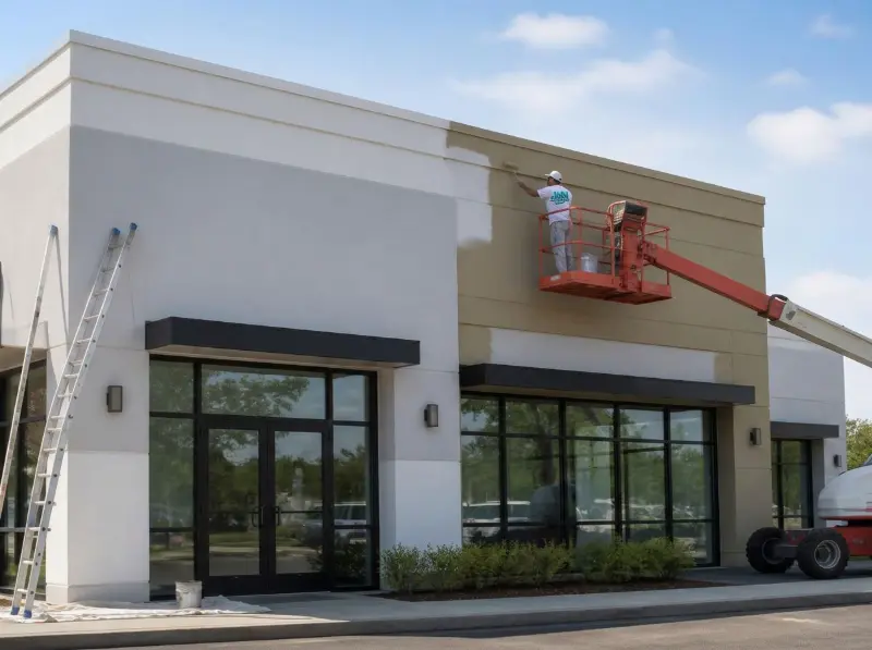 Crew painting a commercial storefront on Long Island